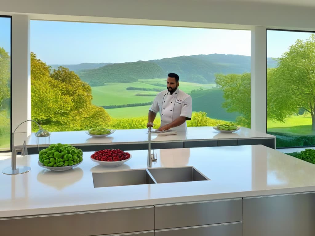  A breathtakingly detailed, ultrahigh resolution image of a sleek, modern kitchen with large windows overlooking a lush green landscape. The kitchen is flooded with natural light, showcasing stainless steel appliances, marble countertops, and a minimalist design aesthetic. In the center of the room, a professional pastry chef in a crisp white apron is delicately piping intricate designs on a beautifully crafted dessert. The focus is on the chef's hands, capturing every precise movement as they create a stunning sweet masterpiece infused with the essence of renewable energy. hyperrealistic, full body, detailed clothing, highly detailed, cinematic lighting, stunningly beautiful, intricate, sharp focus, f/1. 8, 85mm, (centered image composition), (professionally color graded), ((bright soft diffused light)), volumetric fog, trending on instagram, trending on tumblr, HDR 4K, 8K