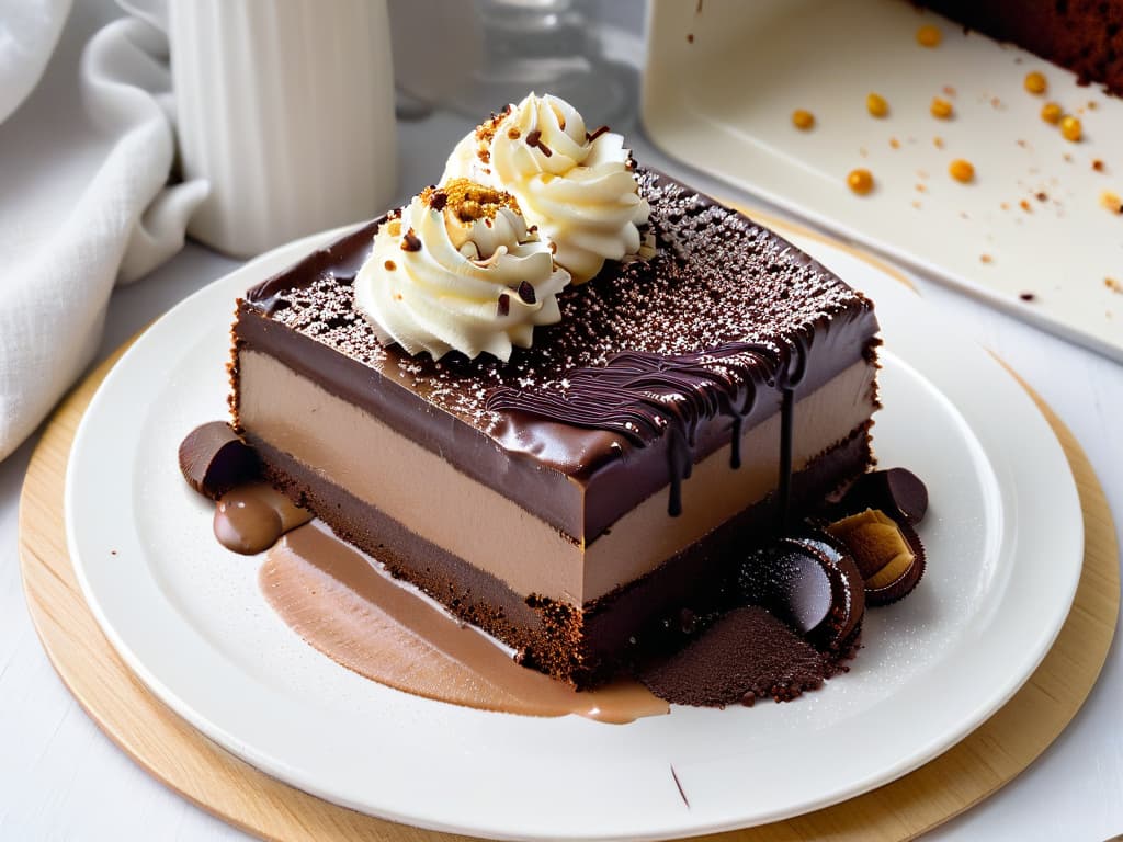  A closeup, ultradetailed photograph of a decadent slice of Mississippi Mud Pie on a sleek, modern plate. The pie is rich and indulgent, with layers of dark chocolate ganache, creamy chocolate mousse, and a crumbly cookie crust. The glossy ganache topping is adorned with a sprinkling of chocolate shavings, adding a touch of elegance to the dessert. The play of light and shadows highlights the velvety texture of the pie, making it appear irresistible and luxurious. hyperrealistic, full body, detailed clothing, highly detailed, cinematic lighting, stunningly beautiful, intricate, sharp focus, f/1. 8, 85mm, (centered image composition), (professionally color graded), ((bright soft diffused light)), volumetric fog, trending on instagram, trending on tumblr, HDR 4K, 8K