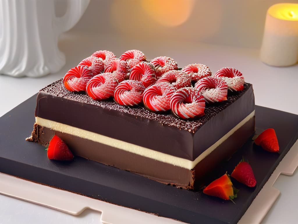  A closeup, photorealistic image of a decadent Peppermint Slice resting on a sleek, modern plate. The slice is adorned with a rich layer of dark chocolate ganache, sprinkled with crushed candy canes for a festive touch. The glossy ganache reflects the soft ambient light, highlighting the smooth texture and intricate layers of the dessert. The background is blurred, keeping the focus solely on the tantalizing Peppermint Slice, inviting viewers to indulge in its refreshing combination of chocolate and mint flavors. hyperrealistic, full body, detailed clothing, highly detailed, cinematic lighting, stunningly beautiful, intricate, sharp focus, f/1. 8, 85mm, (centered image composition), (professionally color graded), ((bright soft diffused light)), volumetric fog, trending on instagram, trending on tumblr, HDR 4K, 8K