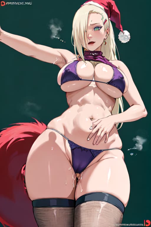  (yamanaka_ino:1.2), hair down,detailed eyes, Perfect features, (masterpiece), (best quality:1.4), absurdres, [:intricate details:0.2], moist skin, shiny skin, glossy skin,santa_hat,tail,perky,reclining,,from below,(extremely detailed face) (very detailed and expressive eyes),finely detailed finely detailed,(selfie),1girl,exhibitionism, clothes clothes lift,out juice sweating ,looking at viewer outdoor day,legwear_garter,thong_bikini,church,huge_ass,cleave_gag,thigh_focus