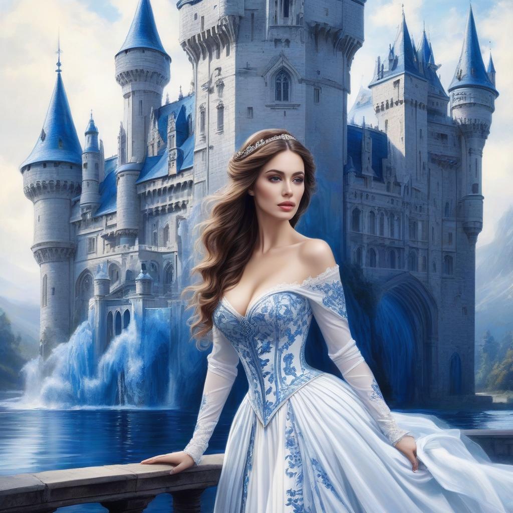  Detailed elaboration, detailed drawing, detailed elaboration of all parts of the composition. Very beautiful blue and white castle in the Gothic style. The castle is on an elevation, with water around the elevation. There is a girl in a white very beautiful. White fitted dress. She has brown hair, beautiful hairstyle on top of her hair, most of her hair is loose. The girl is standing in an embrace with a man, he has black hair, blue suit. Mountains with snow covered peaks can be seen from behind.Field, hyacinths, roses, rosehips, rose hips, peonies, cherry tree, yellow, red, black flowers, forget me nots, black flowers. White wedding dress. Baroque, realism. Alfonso Mucha, Honoré Fargonard.Beautiful red door with branching ornamentation.  hyperrealistic, full body, detailed clothing, highly detailed, cinematic lighting, stunningly beautiful, intricate, sharp focus, f/1. 8, 85mm, (centered image composition), (professionally color graded), ((bright soft diffused light)), volumetric fog, trending on instagram, trending on tumblr, HDR 4K, 8K