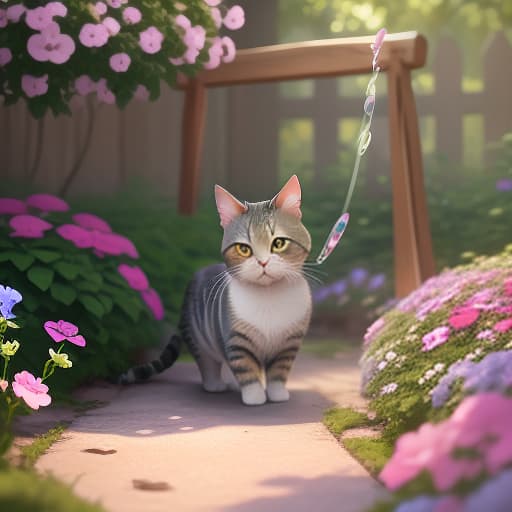  Anime, (Little cat with a pink bow on her head) catching soap bubbles with her paws. (Background): summer, a cozy yard with swings. In the flowerbed blooming petunias hyperrealistic, full body, detailed clothing, highly detailed, cinematic lighting, stunningly beautiful, intricate, sharp focus, f/1. 8, 85mm, (centered image composition), (professionally color graded), ((bright soft diffused light)), volumetric fog, trending on instagram, trending on tumblr, HDR 4K, 8K