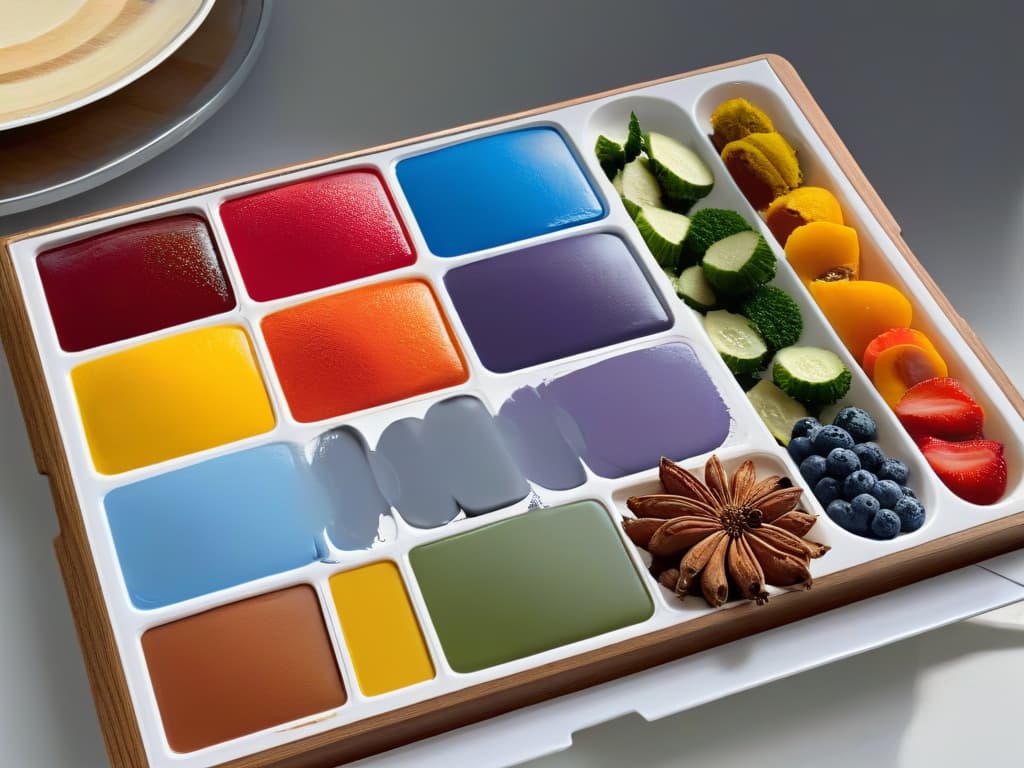  A photorealistic closeup image of a vibrant array of edible paint palettes, showcasing a spectrum of rich colors made from natural ingredients like fruits, vegetables, and spices. Each palette is meticulously arranged with intricate brush strokes and fine details, exuding a sense of artistry and culinary creativity. The colors blend seamlessly, creating a visually stunning and appetizing display that captures the essence of edible paint composition and food safety. hyperrealistic, full body, detailed clothing, highly detailed, cinematic lighting, stunningly beautiful, intricate, sharp focus, f/1. 8, 85mm, (centered image composition), (professionally color graded), ((bright soft diffused light)), volumetric fog, trending on instagram, trending on tumblr, HDR 4K, 8K