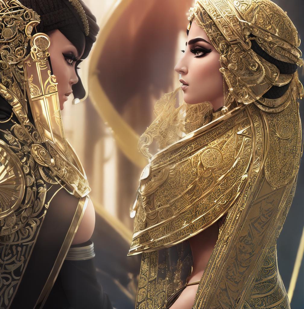  ((Side view:1.8)), ((masterpiece)),(((best quality))), ((futuristic empress, mature face, ((middle eastern eyes:1.4)), ((gold futuristic gown)), (((intricate futuristic breastplate))),