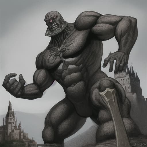  cultist with huge; towering over a castle