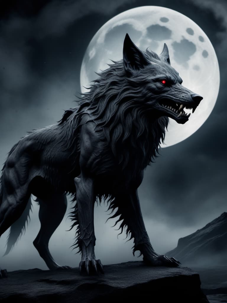  macabre style Detailized Fenrir from Scandinavian mythology on a full moon, 4k, horrors, cruelty, blood, logo. . dark, gothic, grim, haunting, highly detailed