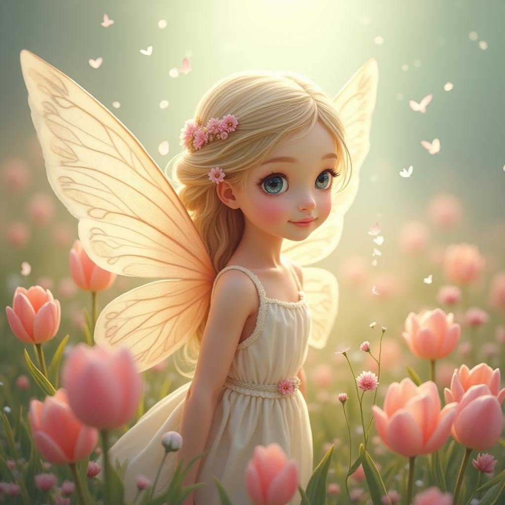  good quality, high quality, a delicate fairy girl with ethereal features and a gentle gaze amidst a dreamy, pastel colored background. swirling, intricate lines flow seamlessly around her, while blooming tulips symbolize new beginnings and hope. the soft, natural glowing light enhances the sense of grace and tranquility, creating an atmosphere of pure, childlike enchantment.