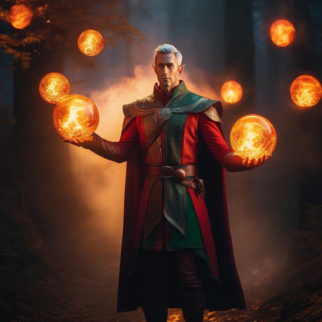  An elf mage with three fire spheres hovering above his head. hyperrealistic, full body, detailed clothing, highly detailed, cinematic lighting, stunningly beautiful, intricate, sharp focus, f/1. 8, 85mm, (centered image composition), (professionally color graded), ((bright soft diffused light)), volumetric fog, trending on instagram, trending on tumblr, HDR 4K, 8K