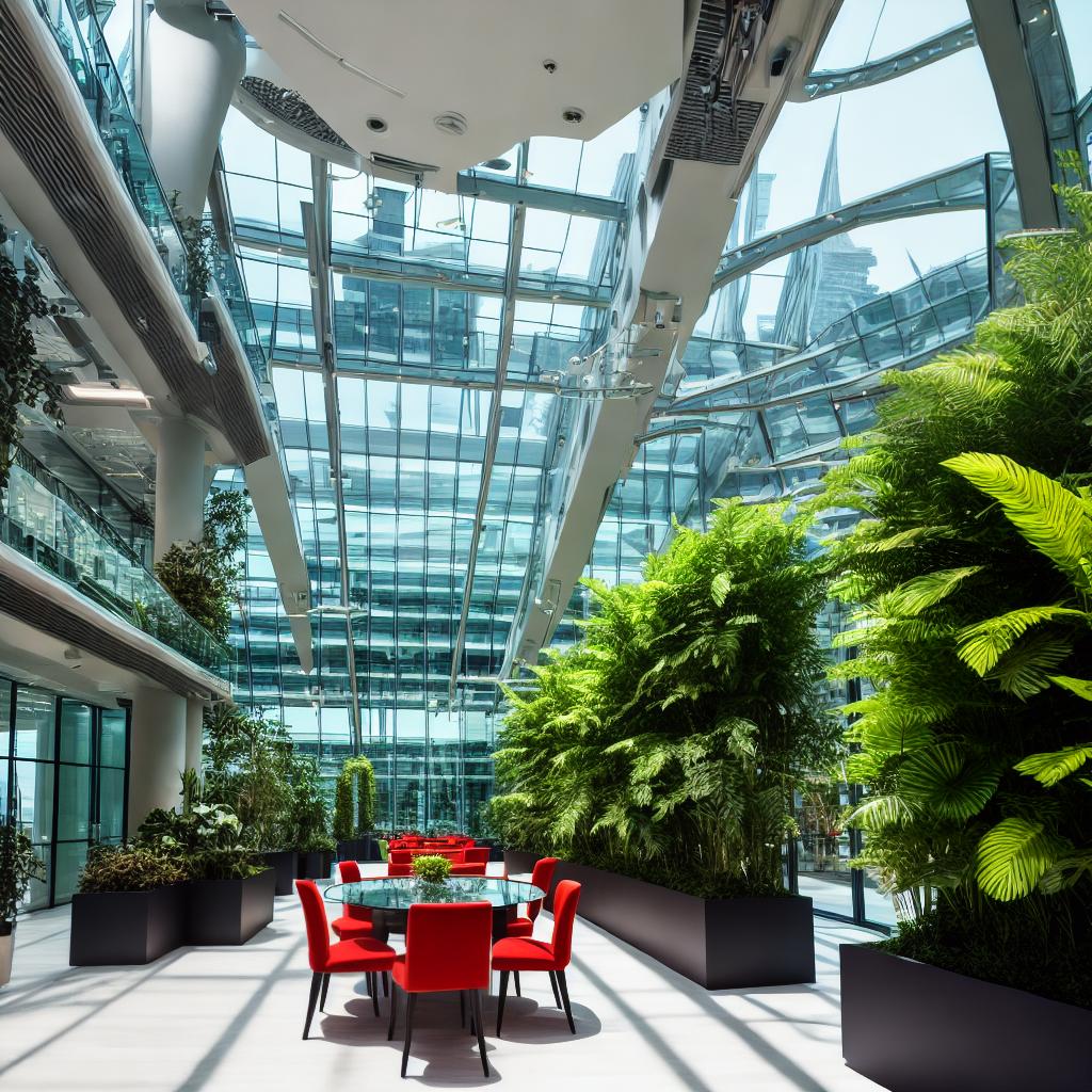  A sustainable business transformation landscape masterpiece, in the best quality, 8k, high detailed, and ultra-detailed. The main subject is a group of diverse professionals collaborating in a futuristic office space. (A woman with red hair) leading the discussion around a circular table, surrounded by ((large glass windows)), (green plants), and modern technology. The room is filled with natural light, creating a vibrant and energetic atmosphere. hyperrealistic, full body, detailed clothing, highly detailed, cinematic lighting, stunningly beautiful, intricate, sharp focus, f/1. 8, 85mm, (centered image composition), (professionally color graded), ((bright soft diffused light)), volumetric fog, trending on instagram, trending on tumblr, HDR 4K, 8K