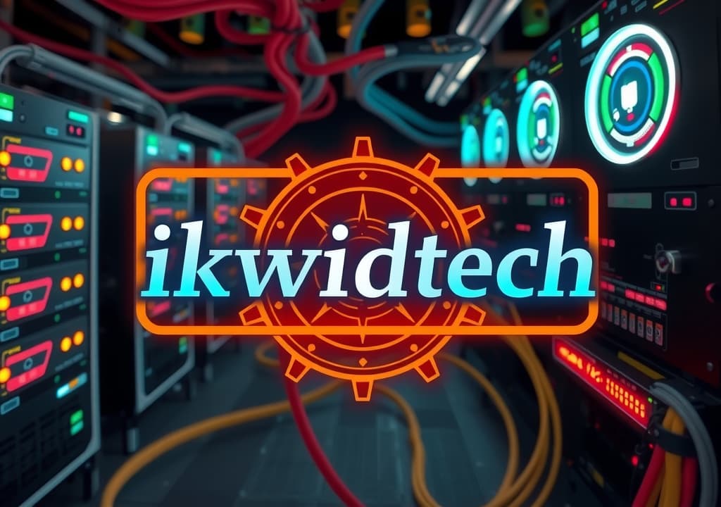  good quality, high quality, make a steam punk style logo with the name "ikwidtech" in it with servers and fiber optic networking cables and fpv racing drones in the background