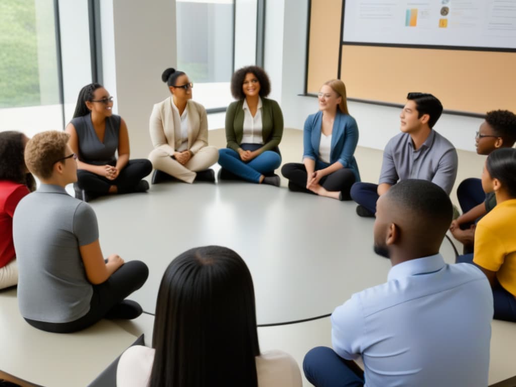  An ultradetailed image of a diverse group of students from various cultural backgrounds sitting in a circle, engaging in a discussion with a professional educator. The setting is a modern, minimalistic classroom with neutral colors, large windows letting in natural light, and educational posters on the walls. The students are animatedly sharing their thoughts, with expressions of interest and understanding, while the educator listens attentively, symbolizing the importance of inclusive and supportive educational environments for migrant students. hyperrealistic, full body, detailed clothing, highly detailed, cinematic lighting, stunningly beautiful, intricate, sharp focus, f/1. 8, 85mm, (centered image composition), (professionally color graded), ((bright soft diffused light)), volumetric fog, trending on instagram, trending on tumblr, HDR 4K, 8K
