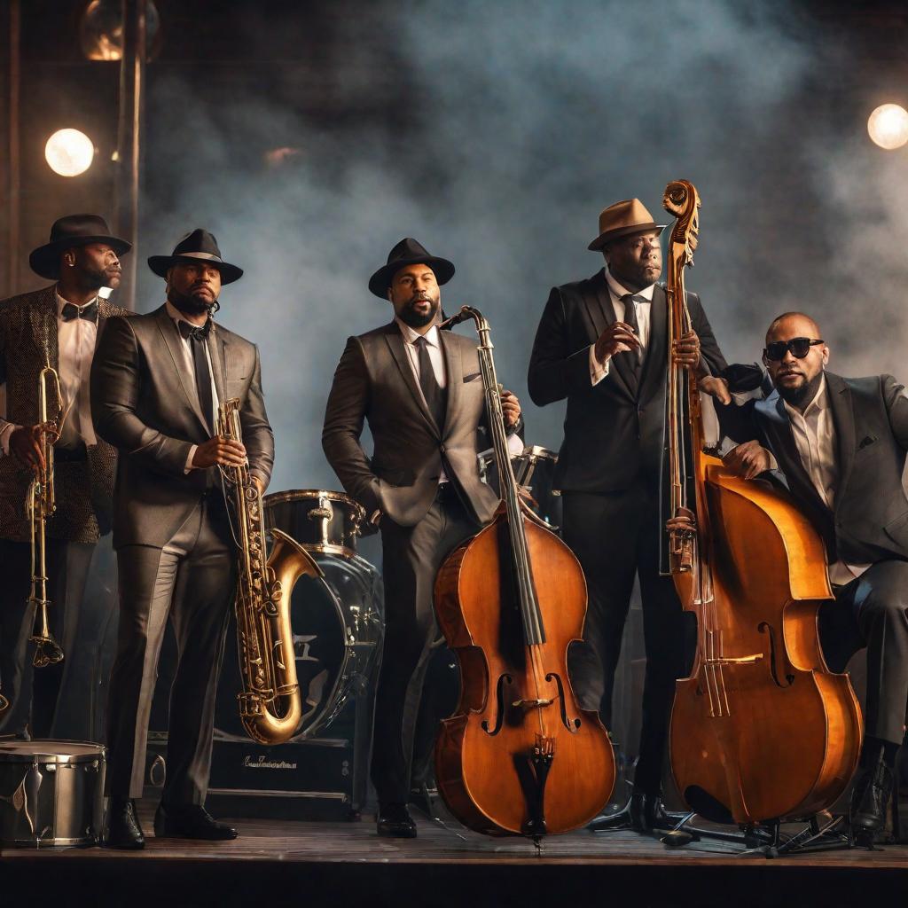  A jazz quartet with trumpet, tenor sax, drums and double bass. It should say Return to cArLiToS hyperrealistic, full body, detailed clothing, highly detailed, cinematic lighting, stunningly beautiful, intricate, sharp focus, f/1. 8, 85mm, (centered image composition), (professionally color graded), ((bright soft diffused light)), volumetric fog, trending on instagram, trending on tumblr, HDR 4K, 8K