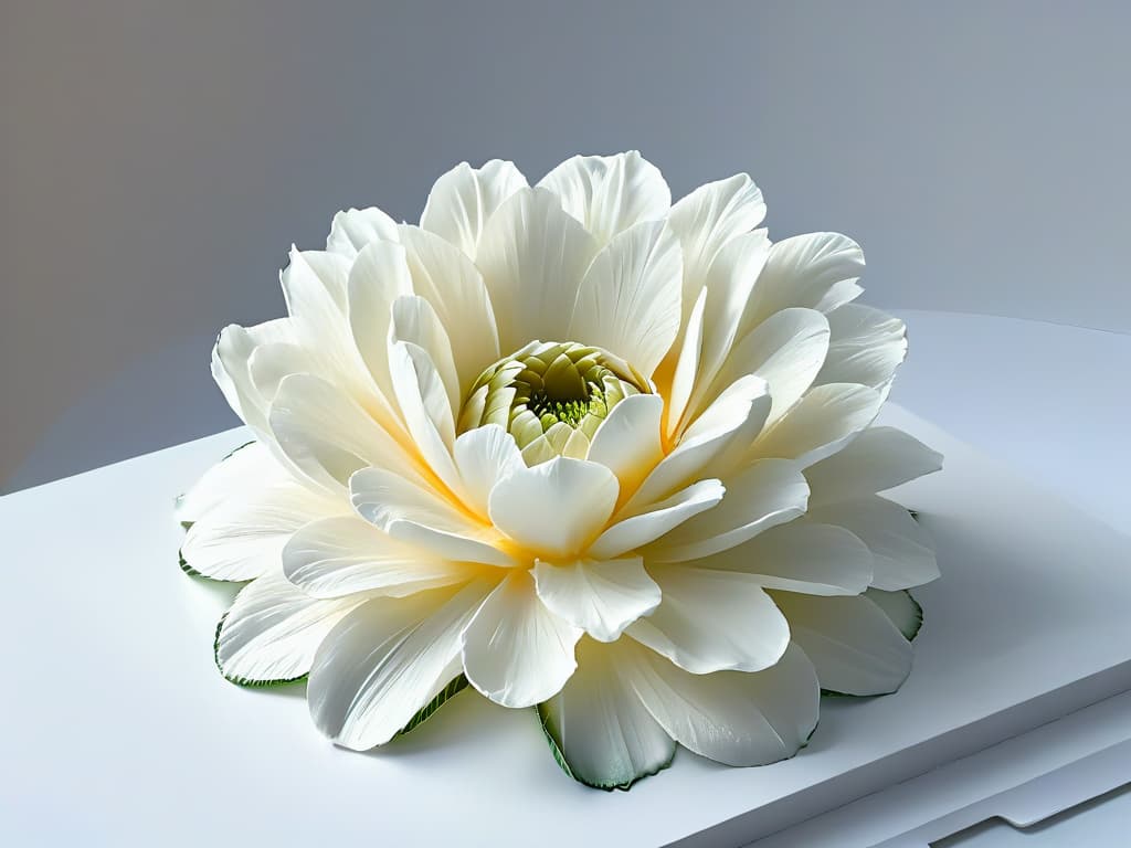  A closeup, ultradetailed image of a delicate sugar sculpture of a blooming flower, showcasing intricate details such as delicate petals, fine lines, and shimmering texture under soft, natural lighting. The sculpture is elegantly placed on a simple, white, matte surface, emphasizing its ecofriendly and minimalist appeal. hyperrealistic, full body, detailed clothing, highly detailed, cinematic lighting, stunningly beautiful, intricate, sharp focus, f/1. 8, 85mm, (centered image composition), (professionally color graded), ((bright soft diffused light)), volumetric fog, trending on instagram, trending on tumblr, HDR 4K, 8K