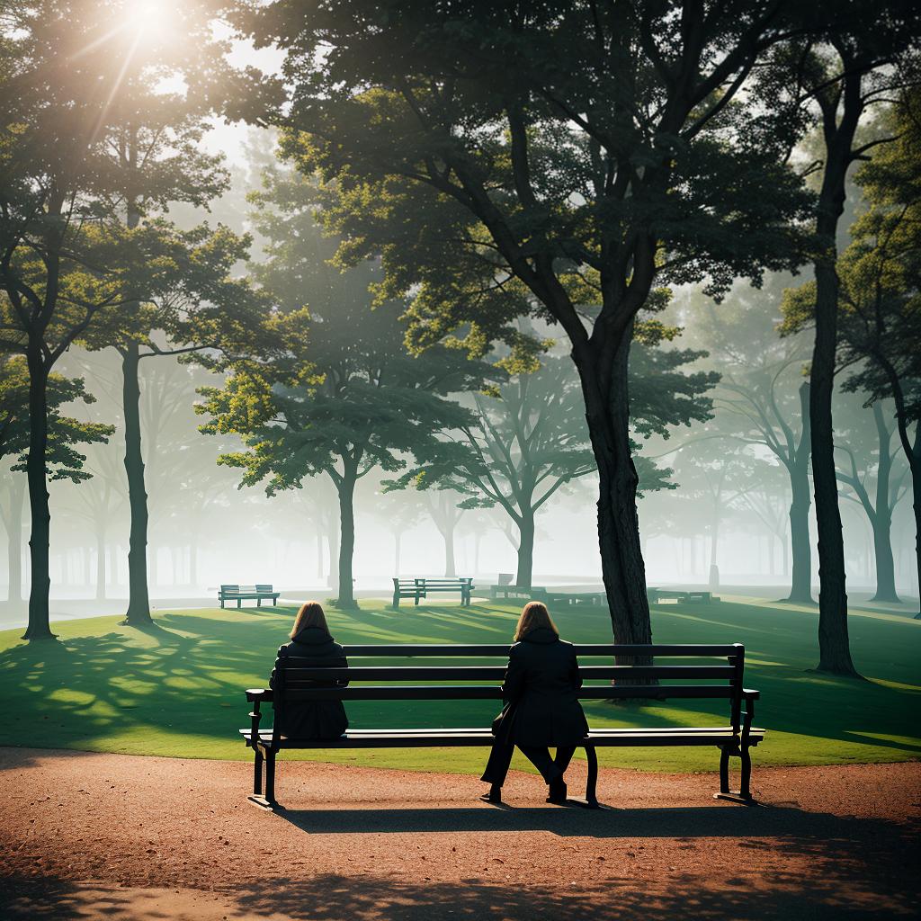  Create a high quality hyperrealistic image that visually represents the theme 'Loneliness is not the absence of people, but the absence of someone who truly understands you.' The image should depict a solitary figure sitting on a park bench, surrounded by people who are walking by, but not interacting with them. The expression on the person's face should reflect deep loneliness and a sense of longing. The background should include a serene park setting with trees and a pathway. The image should be of hyperrealistic style and high quality. hyperrealistic, full body, detailed clothing, highly detailed, cinematic lighting, stunningly beautiful, intricate, sharp focus, f/1. 8, 85mm, (centered image composition), (professionally color graded), ((bright soft diffused light)), volumetric fog, trending on instagram, trending on tumblr, HDR 4K, 8K