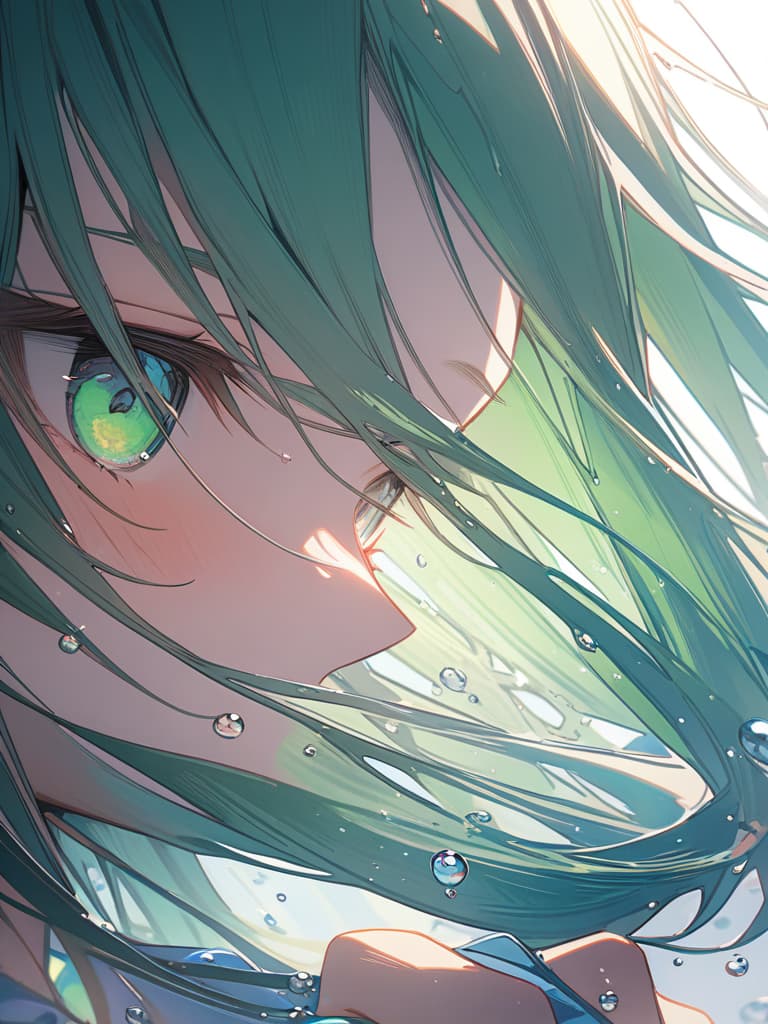  Green hair character in a large droplet drip, green hair in "water drops", masterpiece, best quality,8k,ultra detailed,high resolution,an extremely delicate and beautiful,hyper detail