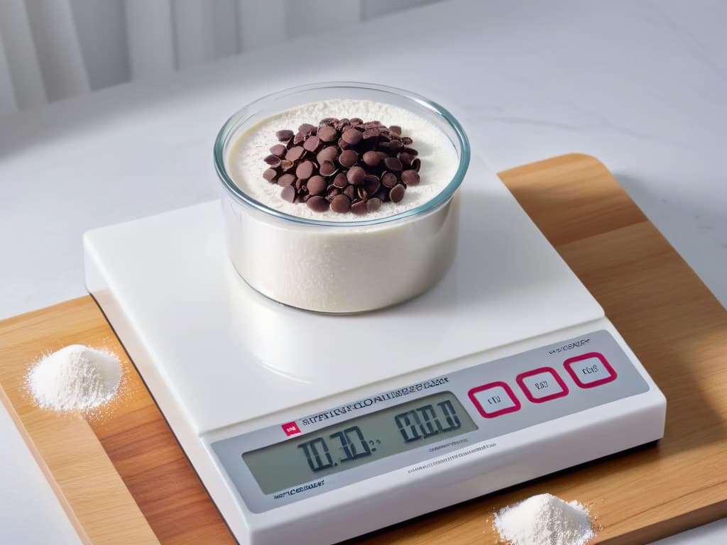  An ultradetailed closeup image of a sleek, modern digital kitchen scale displaying precise measurements of various baking ingredients like flour, sugar, and chocolate chips. The scale is placed on a clean, white marble countertop with soft, natural light illuminating the scene, highlighting the precision and accuracy essential for successful baking endeavors. hyperrealistic, full body, detailed clothing, highly detailed, cinematic lighting, stunningly beautiful, intricate, sharp focus, f/1. 8, 85mm, (centered image composition), (professionally color graded), ((bright soft diffused light)), volumetric fog, trending on instagram, trending on tumblr, HDR 4K, 8K