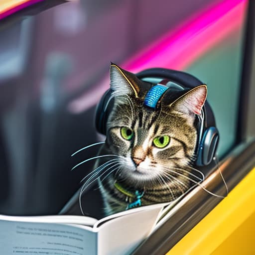 nvinkpunk Realistic image of a cat wearing headphones and reading glasses while riding a bus. hyperrealistic, full body, detailed clothing, highly detailed, cinematic lighting, stunningly beautiful, intricate, sharp focus, f/1. 8, 85mm, (centered image composition), (professionally color graded), ((bright soft diffused light)), volumetric fog, trending on instagram, trending on tumblr, HDR 4K, 8K