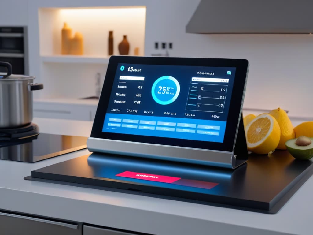  An ultradetailed, 8k resolution image of a sleek, minimalistic kitchen counter with hightech, futuristiclooking kitchen appliances neatly arranged. The focus is on a digital tablet displaying a sophisticated ingredient calculator app, with the screen showing precise calculations for large quantities of ingredients. The ambient lighting is soft, creating a modern and professional atmosphere perfect for a professional kitchen setting. hyperrealistic, full body, detailed clothing, highly detailed, cinematic lighting, stunningly beautiful, intricate, sharp focus, f/1. 8, 85mm, (centered image composition), (professionally color graded), ((bright soft diffused light)), volumetric fog, trending on instagram, trending on tumblr, HDR 4K, 8K