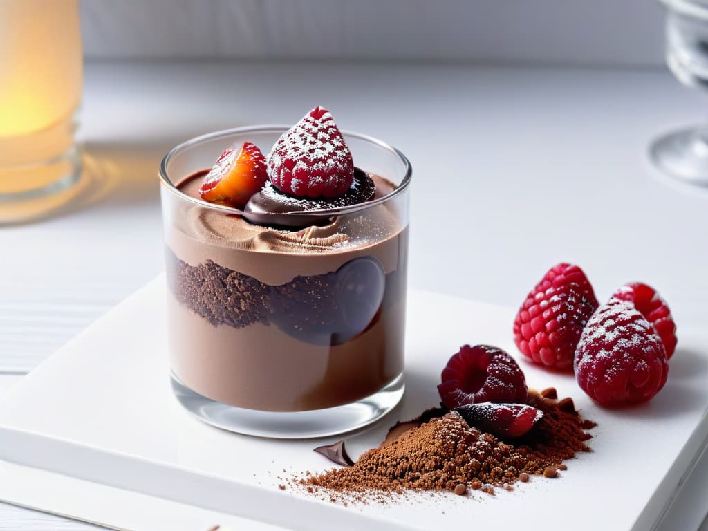  A closeup, ultradetailed image of a decadent and velvety chocolate mousse in a sleek, modern glass dessert cup. The mousse is perfectly smooth with a glossy finish, topped with a sprinkle of cocoa powder and a single fresh raspberry for a pop of color. The glass reflects a soft, ambient light, emphasizing the richness and indulgence of the dessert in a minimalistic and elegant presentation. hyperrealistic, full body, detailed clothing, highly detailed, cinematic lighting, stunningly beautiful, intricate, sharp focus, f/1. 8, 85mm, (centered image composition), (professionally color graded), ((bright soft diffused light)), volumetric fog, trending on instagram, trending on tumblr, HDR 4K, 8K