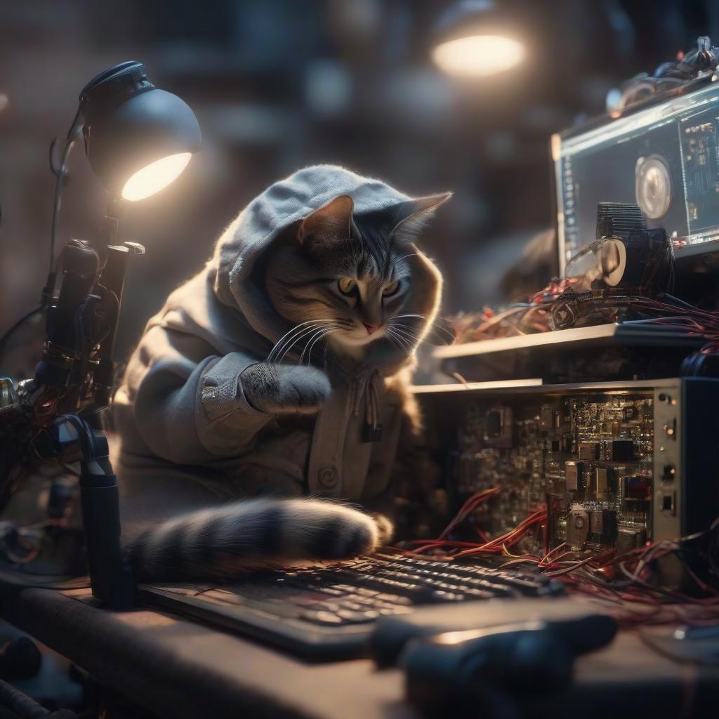  A cat wearing clothes fixes a computer. hyperrealistic, full body, detailed clothing, highly detailed, cinematic lighting, stunningly beautiful, intricate, sharp focus, f/1. 8, 85mm, (centered image composition), (professionally color graded), ((bright soft diffused light)), volumetric fog, trending on instagram, trending on tumblr, HDR 4K, 8K