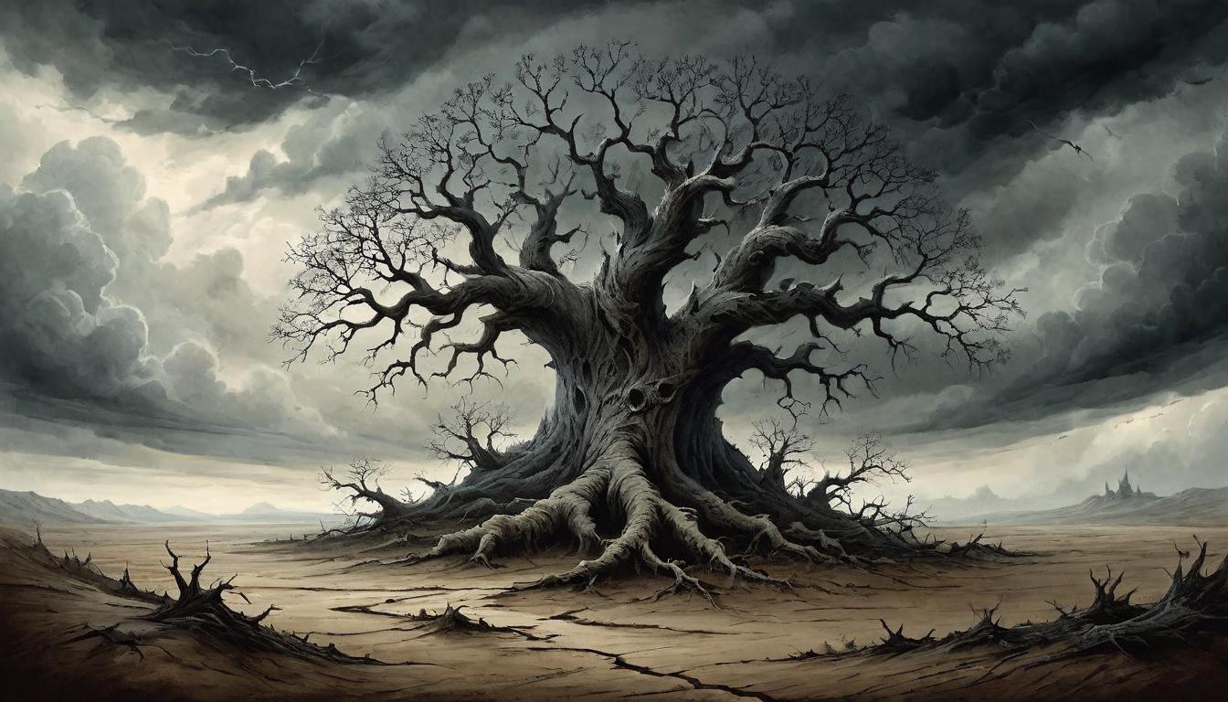  on parchment, surrealism+++, A cracked earth, from which a single twisted tree grows, beneath stormy skies, embodiment of destructive envy, stark landscape, brooding atmosphere(mysterious, provocative, symbolic,muted color)+++