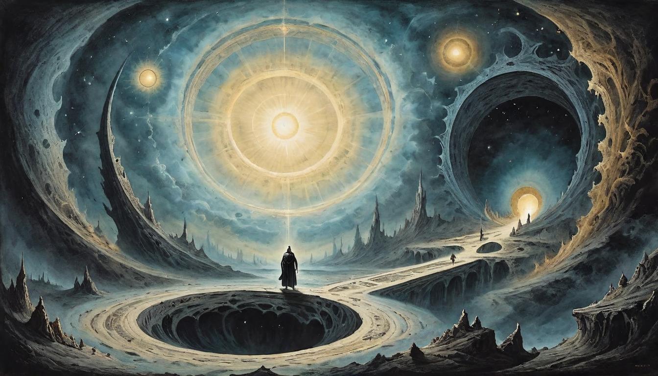  on parchment, surrealism+++, The void of the black hole, an abyss surrounded by a halo of intense, scintillating light. Unknown, otherworldly, gravitational mystique, depths unfathomable(mysterious, provocative, symbolic,muted color)+++