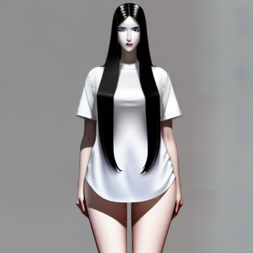  A tall woman with a sculptural body with blue eyes and long black hair and white skin and wearing a white shirt with short sleeves and short clothes underneath