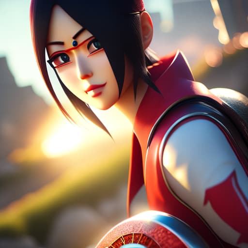  Sarada Uchiwa hyperrealistic, full body, detailed clothing, highly detailed, cinematic lighting, stunningly beautiful, intricate, sharp focus, f/1. 8, 85mm, (centered image composition), (professionally color graded), ((bright soft diffused light)), volumetric fog, trending on instagram, trending on tumblr, HDR 4K, 8K