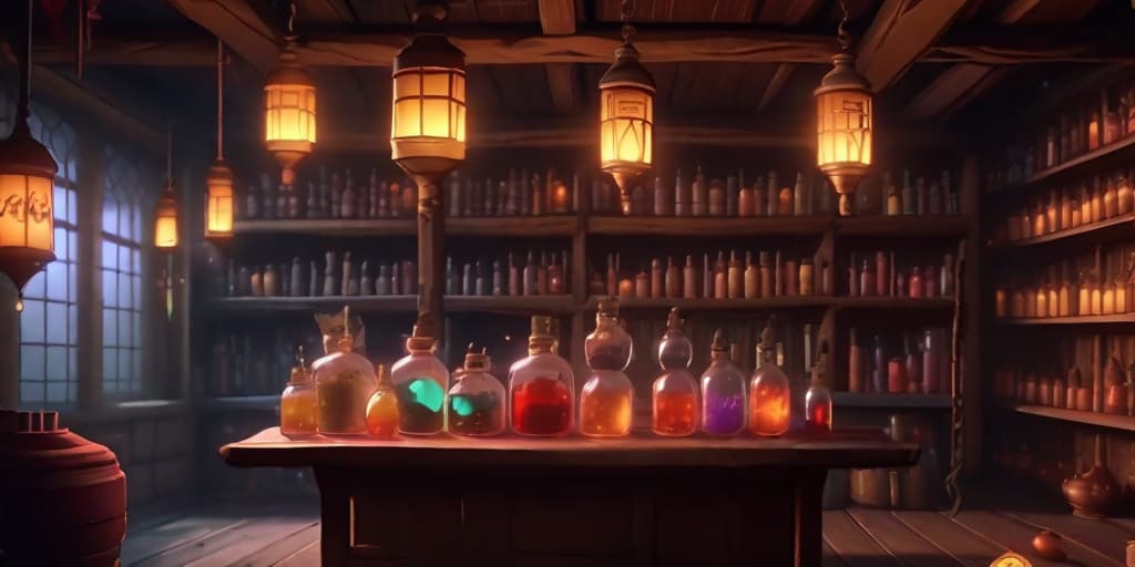  anime 4k. cinematic hd. An ancient alchemy shop with dimly lit lanterns hanging from ceiling, potion filled glass bottles sparkling in different colors on wooden shelves, a polished wooden table in the middle with a potion in a delicate bottle sitting at the center, the door creaks slightly ajar letting in a sliver of outside light