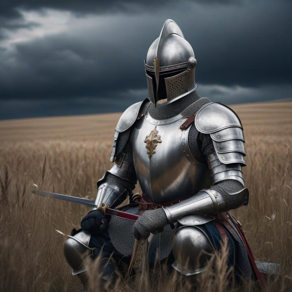  A knight in armor with a sword is sitting in a field,antiquity, dark sky, the endless field hyperrealistic, full body, detailed clothing, highly detailed, cinematic lighting, stunningly beautiful, intricate, sharp focus, f/1. 8, 85mm, (centered image composition), (professionally color graded), ((bright soft diffused light)), volumetric fog, trending on instagram, trending on tumblr, HDR 4K, 8K