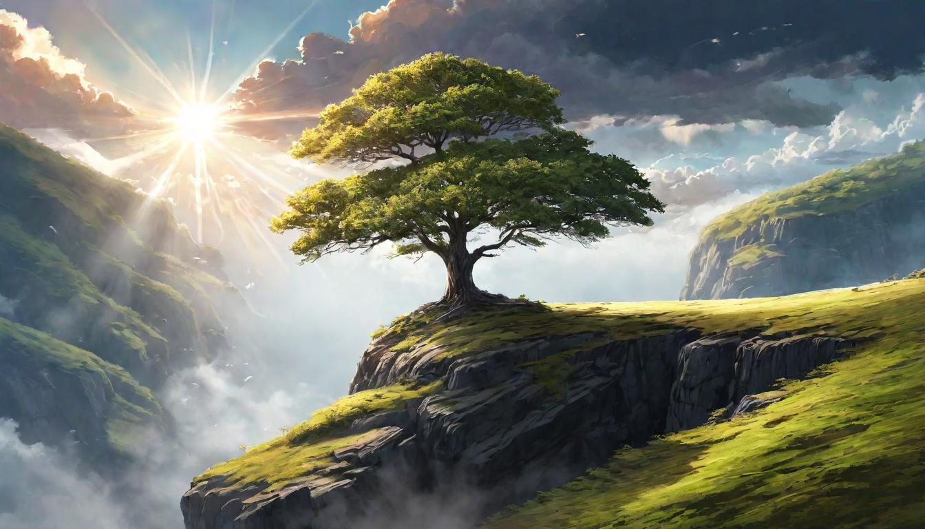  digital illustration, A lone tree standing strong on a cliff edge, vast sky above with sunlight breaking through clouds, deep roots visible, resilience and unwavering trust, majestic and hopeful, looking at viewer, dynamic pose, (intricate details, masterpiece, best quality)