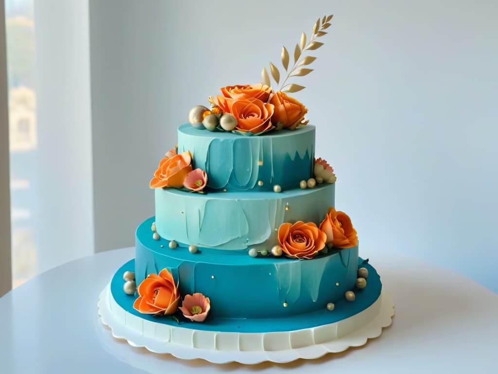  An intricately decorated threetier cake featuring modern geometric designs in vibrant shades of teal, coral, and gold. The cake is adorned with delicate sugar flowers and metallic accents, reflecting the latest trends in pastry design. Each tier showcases a different technique, from handpainted details to intricate piping work, creating a visually stunning masterpiece that embodies innovation in pastry arts. The background is softly blurred to keep the focus on the intricate details of the cake, with controlled lighting to enhance the textures and colors of the sugary creation. hyperrealistic, full body, detailed clothing, highly detailed, cinematic lighting, stunningly beautiful, intricate, sharp focus, f/1. 8, 85mm, (centered image composition), (professionally color graded), ((bright soft diffused light)), volumetric fog, trending on instagram, trending on tumblr, HDR 4K, 8K