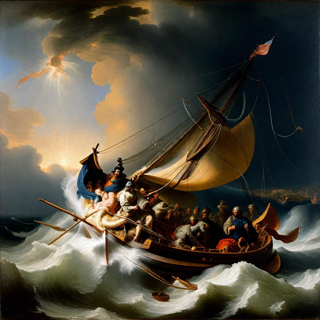  Rembrandt's 'Christ in the Storm on the Sea of Galilee' painting stolen from the Isabella Stewart Gardner Museum in 1990 hyperrealistic, full body, detailed clothing, highly detailed, cinematic lighting, stunningly beautiful, intricate, sharp focus, f/1. 8, 85mm, (centered image composition), (professionally color graded), ((bright soft diffused light)), volumetric fog, trending on instagram, trending on tumblr, HDR 4K, 8K