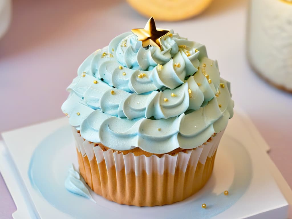  A closeup, ultradetailed image of a perfectly frosted cupcake, topped with a delicate sprinkle of gold dust, set against a soft pastel background. The frosting is smooth and glossy, with intricate swirls and peaks, showcasing the artistry and precision that beginners can aspire to achieve in their baking journey. hyperrealistic, full body, detailed clothing, highly detailed, cinematic lighting, stunningly beautiful, intricate, sharp focus, f/1. 8, 85mm, (centered image composition), (professionally color graded), ((bright soft diffused light)), volumetric fog, trending on instagram, trending on tumblr, HDR 4K, 8K