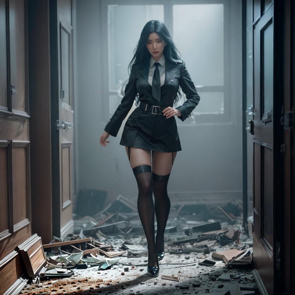  A wearing uniform and black stockings is running through a room with a broken window. beauty asia idol face, beauty face, perfect body, The room appears to be in a state of disrepair, with debris scattered around. The has a determined look on her face as she navigates through the ruined space. There's a scary zombie running behind . hyperrealistic, full body, detailed clothing, highly detailed, cinematic lighting, stunningly beautiful, intricate, sharp focus, f/1. 8, 85mm, (centered image composition), (professionally color graded), ((bright soft diffused light)), volumetric fog, trending on instagram, trending on tumblr, HDR 4K, 8K
