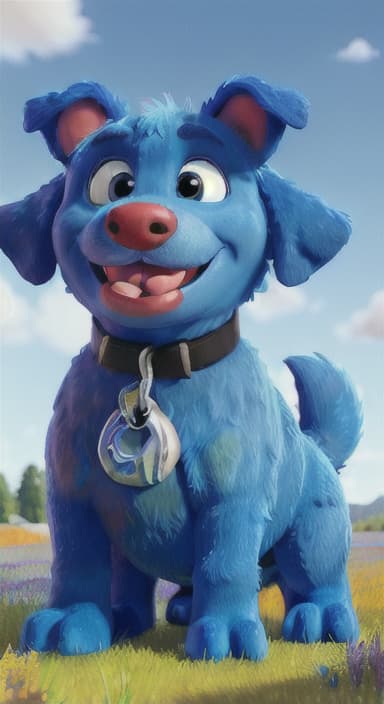  {A happy, big blue dog wagging its tail in a colorful meadow, The big blue dog is large with sky blue fur, big round eyes, a black nose, and floppy ears.