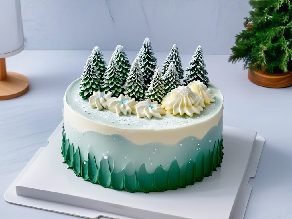  An ultradetailed closeup image of a beautifully decorated winterthemed carrot cake, showcasing intricate frosting details resembling snowflakes and pine trees dusted with powdered sugar, set against a sleek, minimalist backdrop of soft white marble. hyperrealistic, full body, detailed clothing, highly detailed, cinematic lighting, stunningly beautiful, intricate, sharp focus, f/1. 8, 85mm, (centered image composition), (professionally color graded), ((bright soft diffused light)), volumetric fog, trending on instagram, trending on tumblr, HDR 4K, 8K