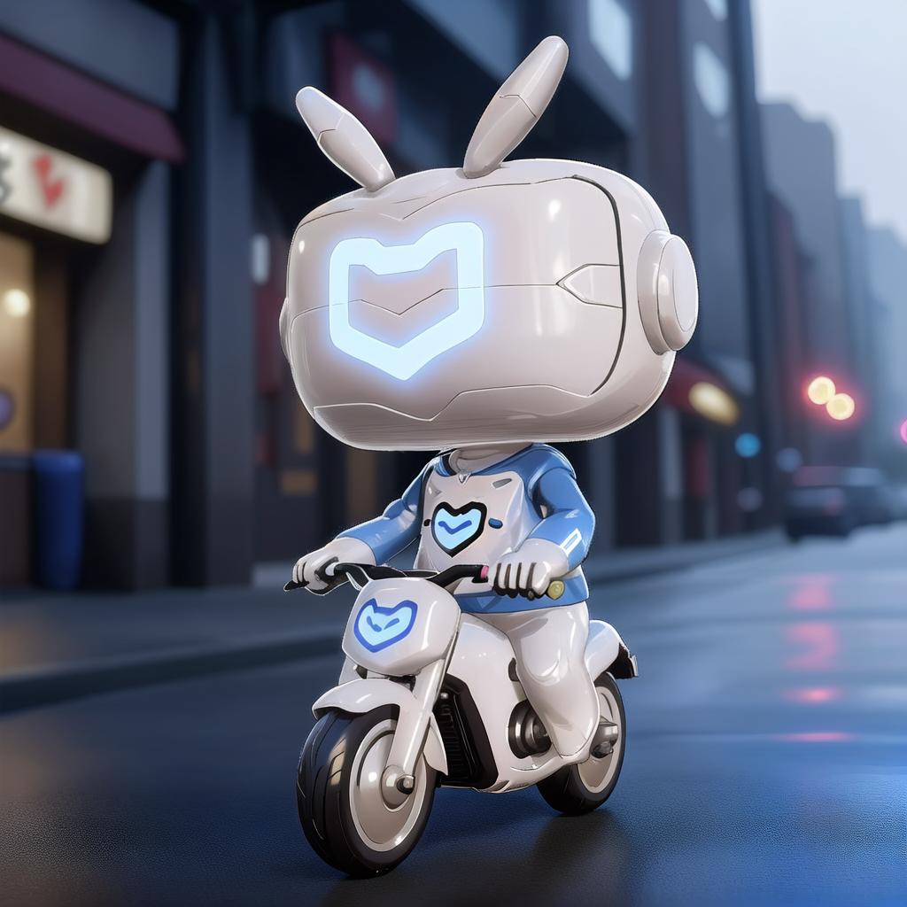  anxiaozhi, "An Xiao Zhi", cute white robot wears a blue jacket ，rides a motorcycle, double abbit like antennae,（glowing heart shaped symbol on face:0.5)，in rainning cyberpunk street,a clean and crisp anime illustration with bold outlines, smooth shading,cell shaded, crisp ,flat colors, and a minimalistic background.