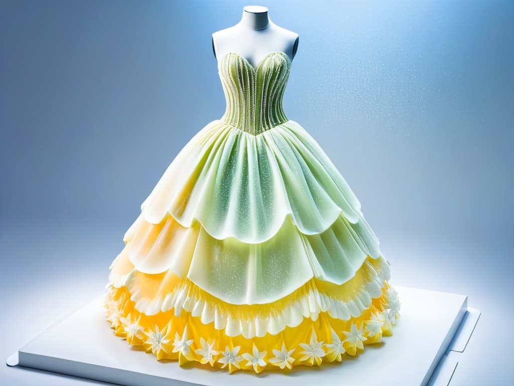  A highresolution photograph of a delicate sugar sculpture resembling a flowing haute couture gown, intricately detailed with lacelike patterns and intricate embroidery. The sculpture is set against a stark white background, emphasizing its elegance and craftsmanship. The play of light and shadow highlights the intricate details of the sugar artwork, creating a mesmerizing visual that seamlessly blends the worlds of pastry art and high fashion. hyperrealistic, full body, detailed clothing, highly detailed, cinematic lighting, stunningly beautiful, intricate, sharp focus, f/1. 8, 85mm, (centered image composition), (professionally color graded), ((bright soft diffused light)), volumetric fog, trending on instagram, trending on tumblr, HDR 4K, 8K