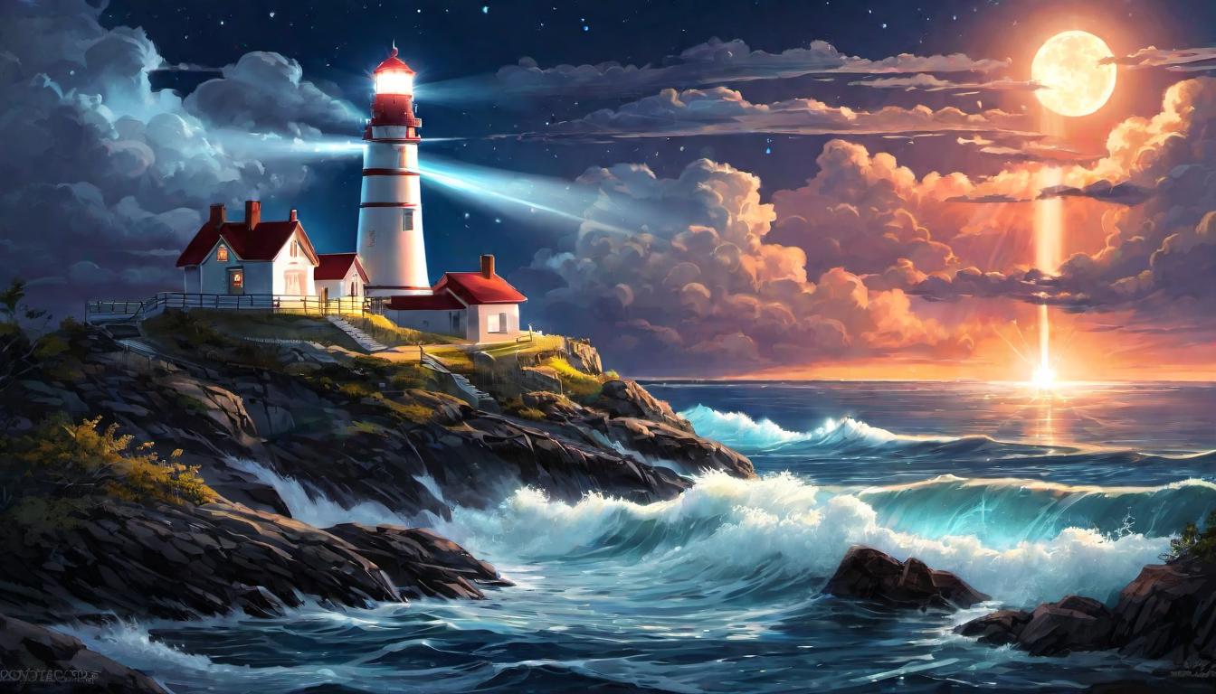  digital illustration, A lighthouse beacon piercing through the night, guiding light, steadfast belief, radiant glow of hope, looking at viewer, dynamic pose, (intricate details, masterpiece, best quality)