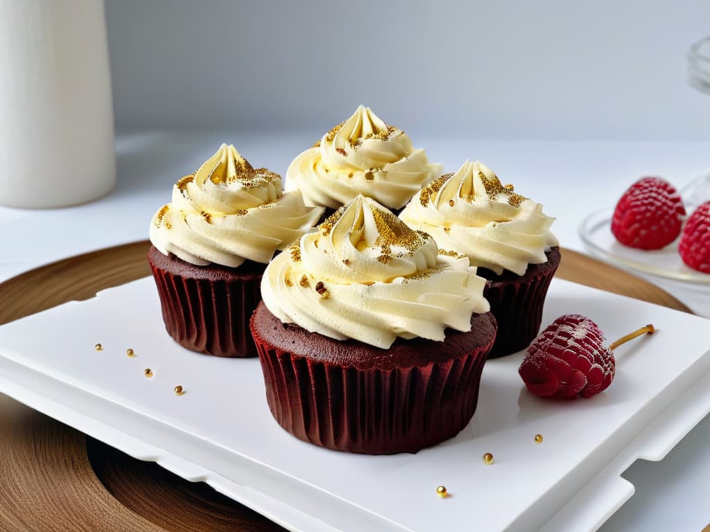  An intricate closeup image of a perfectly frosted vegan chocolate cupcake, garnished with fresh raspberries and a dusting of edible gold flakes, displayed on a sleek marble countertop. The cupcake wrapper features a subtle geometric pattern that adds a touch of elegance to the shot, emphasizing the contrast between the rich, indulgent dessert and the minimalist aesthetic. The natural light streaming in from a nearby window creates soft shadows, highlighting the glossy texture of the frosting and the vibrant colors of the raspberries, making it a visually striking and appetizing image that perfectly complements the theme of healthier baking alternatives. hyperrealistic, full body, detailed clothing, highly detailed, cinematic lighting, stunningly beautiful, intricate, sharp focus, f/1. 8, 85mm, (centered image composition), (professionally color graded), ((bright soft diffused light)), volumetric fog, trending on instagram, trending on tumblr, HDR 4K, 8K