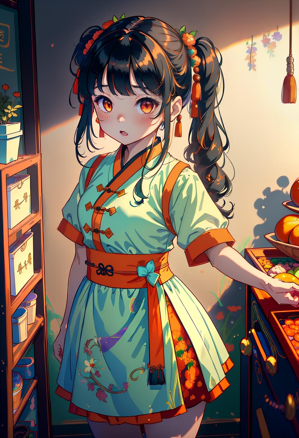  ((trending, highres, masterpiece, cinematic shot)), 1girl, chibi, female chinese outfit, florist shop scene, medium-length wavy rainbow hair, parted bangs, large orange eyes, personality, scared expression, fair skin, epic, energetic