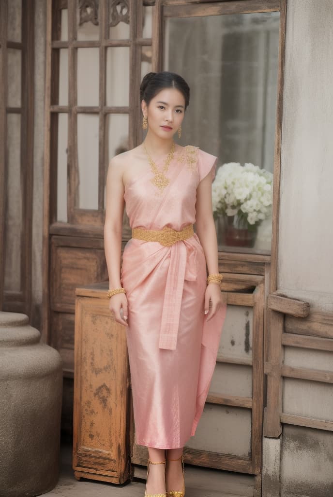  DIGITAL LAI THAI CRYSTAL ART, A CLOSE UP OF OF BEAUTIFUL GIRL, BLACK BUN, WEARS A TRADITIONAL ANCIENT LAI THAI DRESS PASTEL PINK COLOUR, FULL OPTION OF JEWELRY, GOLD SHOES, BEAUTIFUL ANCIENT THAI HOME, BOGEH BACKGROUND, sabai,jewelry,thailand tradition dress ADVERTISING PHOTO,high quality, good proportion, masterpiece , The image is captured with an 8k camera