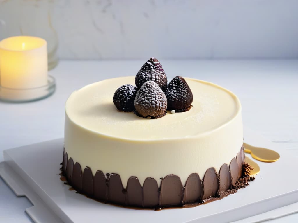  An ultradetailed image of a luxurious black truffle cheesecake on a sleek, modern plate. The cheesecake is perfectly sliced, revealing a creamy, rich texture studded with decadent black truffle pieces. The plate rests on a marble countertop, with subtle lighting that highlights the intricate details of the dessert. Each slice is garnished with delicate edible gold leaf, adding a touch of elegance to the already sophisticated presentation. hyperrealistic, full body, detailed clothing, highly detailed, cinematic lighting, stunningly beautiful, intricate, sharp focus, f/1. 8, 85mm, (centered image composition), (professionally color graded), ((bright soft diffused light)), volumetric fog, trending on instagram, trending on tumblr, HDR 4K, 8K