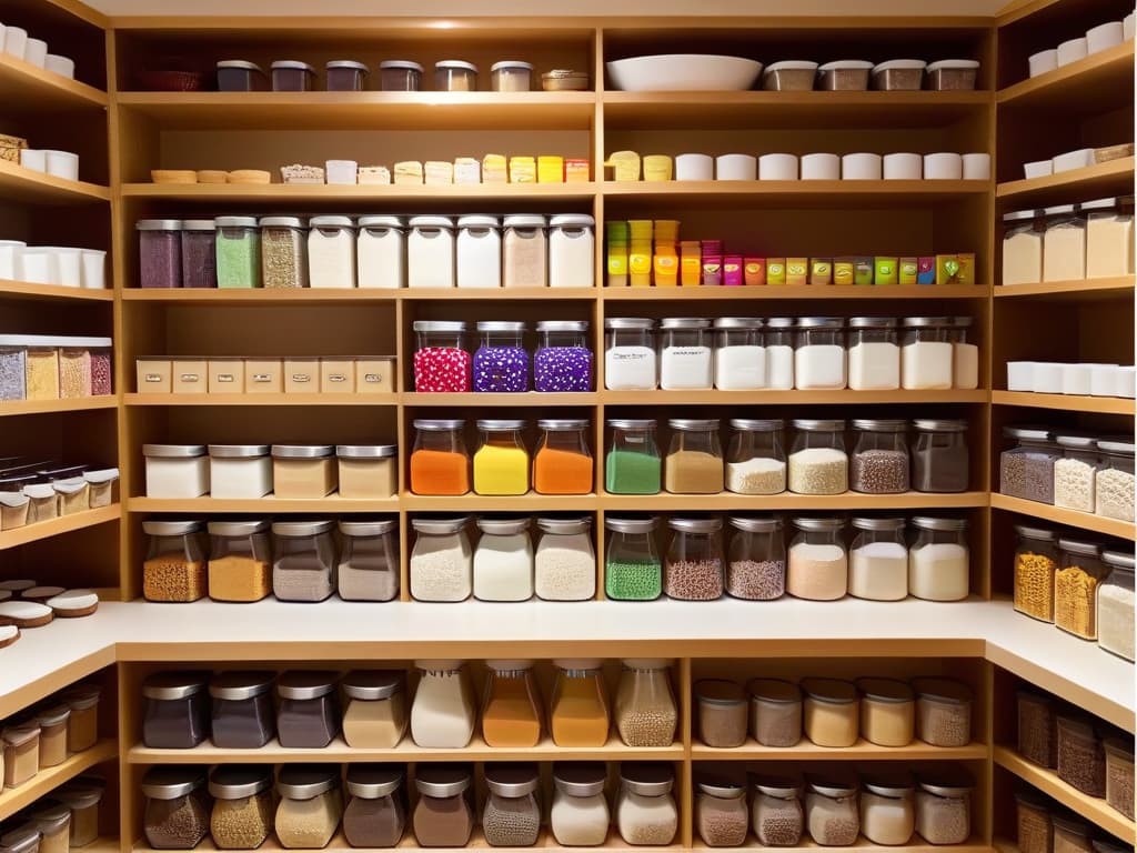  An ultradetailed image of a sleek, organized pantry filled with neatly labeled glass jars, each containing a variety of colorful sprinkles, flour, sugar, and other baking ingredients. The pantry shelves are made of light wood, and the jars are arranged in a visually appealing pattern, showcasing a perfect example of effective ingredient storage for baking enthusiasts. hyperrealistic, full body, detailed clothing, highly detailed, cinematic lighting, stunningly beautiful, intricate, sharp focus, f/1. 8, 85mm, (centered image composition), (professionally color graded), ((bright soft diffused light)), volumetric fog, trending on instagram, trending on tumblr, HDR 4K, 8K