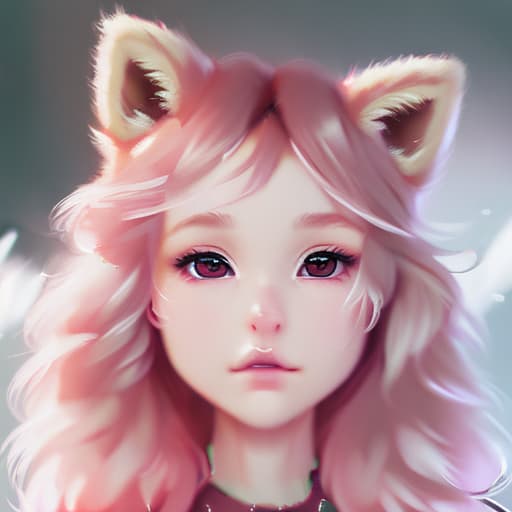 portrait+ style pink. furry. twin bun hair. girl. chibi. cute. kawaii. background cute cosmetics. blurred blush painting. cute fluffy fox