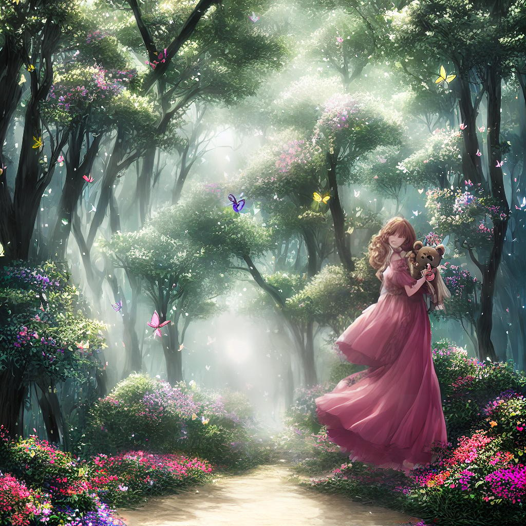  ((masterpiece)), (((best quality))), 8k, high detailed, ultra-detailed. A cute girl holding a teddy bear. Pink dress, long curly hair, smiling, surrounded by flowers, (sunshine filtering through the trees), (butterflies flying around). hyperrealistic, full body, detailed clothing, highly detailed, cinematic lighting, stunningly beautiful, intricate, sharp focus, f/1. 8, 85mm, (centered image composition), (professionally color graded), ((bright soft diffused light)), volumetric fog, trending on instagram, trending on tumblr, HDR 4K, 8K