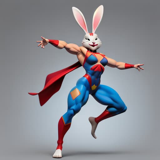  A funny rabbit as a superhero character with a very crazy, funny face and muscles And funny, cute, radiant feet.