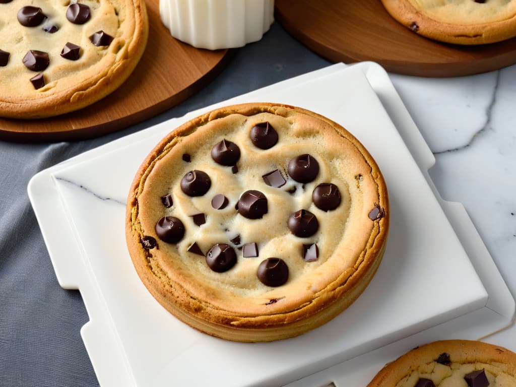  A closeup, ultradetailed image of a freshly baked sugarfree chocolate chip cookie resting on a sleek, modern marble countertop. The cookie is perfectly golden brown with melty chocolate chips oozing out, showcasing its soft and chewy texture. The marble surface provides a clean and elegant backdrop, emphasizing the simplicity and sophistication of this diabeticfriendly dessert. hyperrealistic, full body, detailed clothing, highly detailed, cinematic lighting, stunningly beautiful, intricate, sharp focus, f/1. 8, 85mm, (centered image composition), (professionally color graded), ((bright soft diffused light)), volumetric fog, trending on instagram, trending on tumblr, HDR 4K, 8K