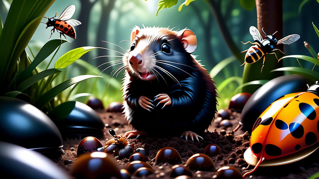  Mole surrounded by troublesome insects, devouring them with gusto. , ((realistic)), ((masterpiece)), focus on detailed clothing and atmosphere of the surroundings. Soft and natural lights.